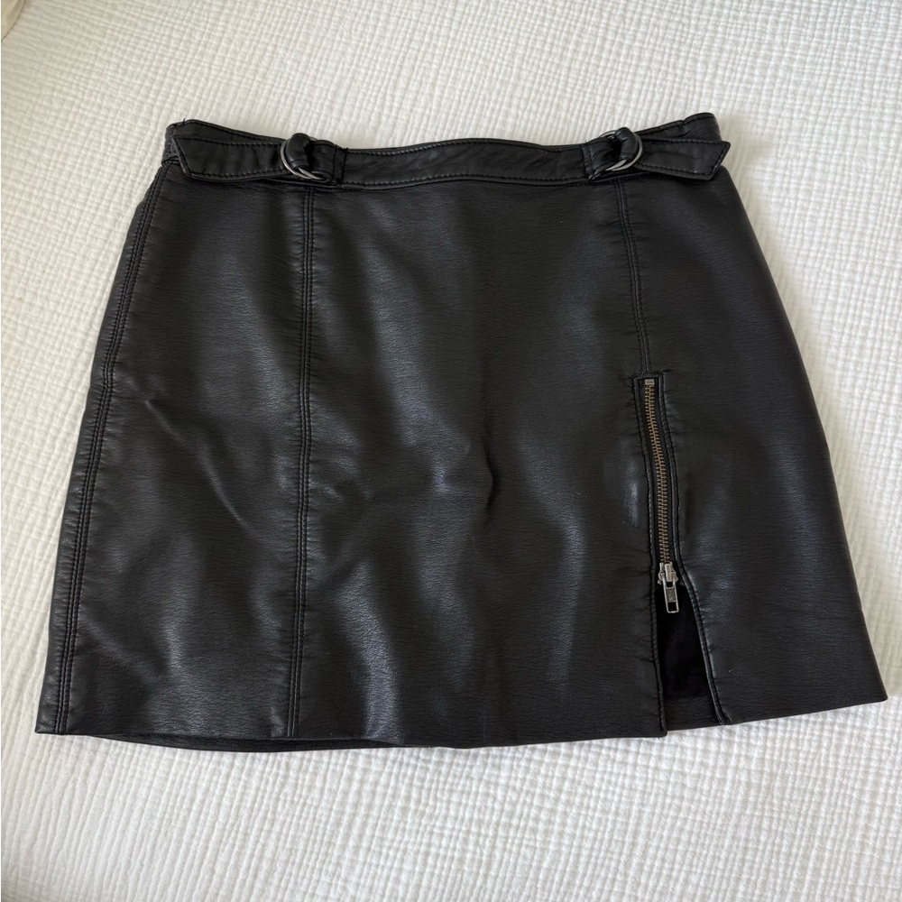 Free People Black Faux Leather Mini Skirt with Zipper Detail